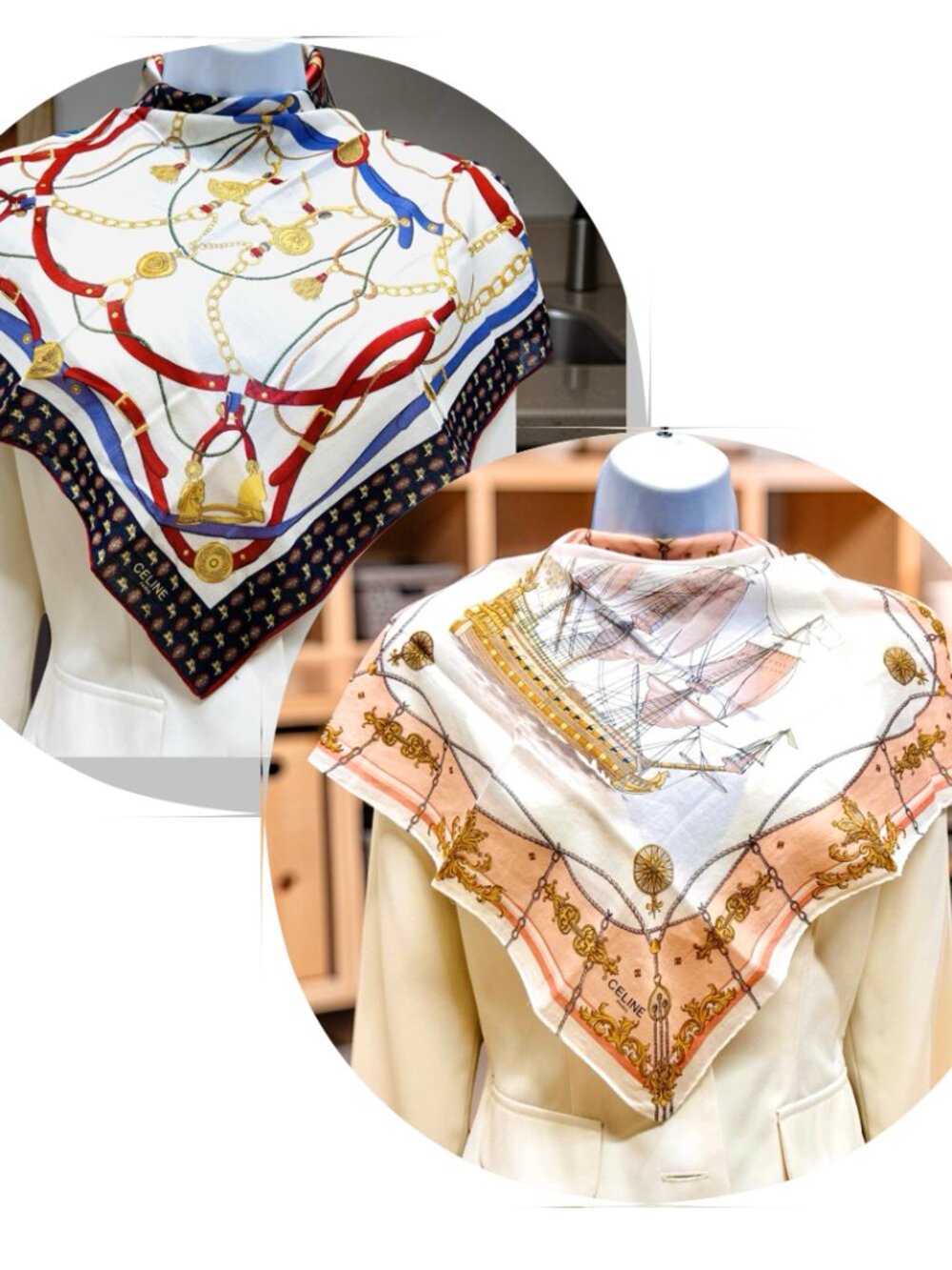 2) Celine Paris Neck-kerchief Cotton made 18.5" white blue red gold chain (89 - Picture 2 of 11